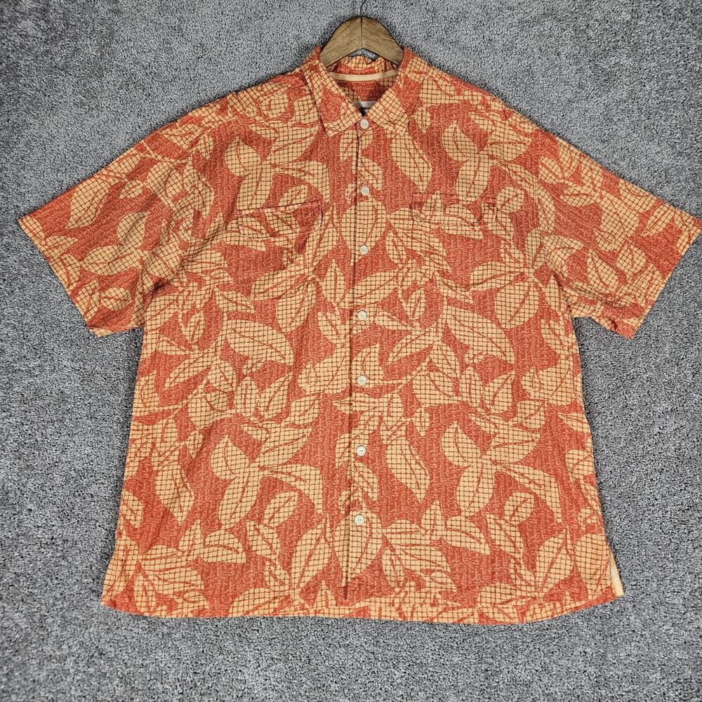 Tommy Bahama Shirt Mens XLX Orange Button Up Hawaiian Silk Floral Beach AOP